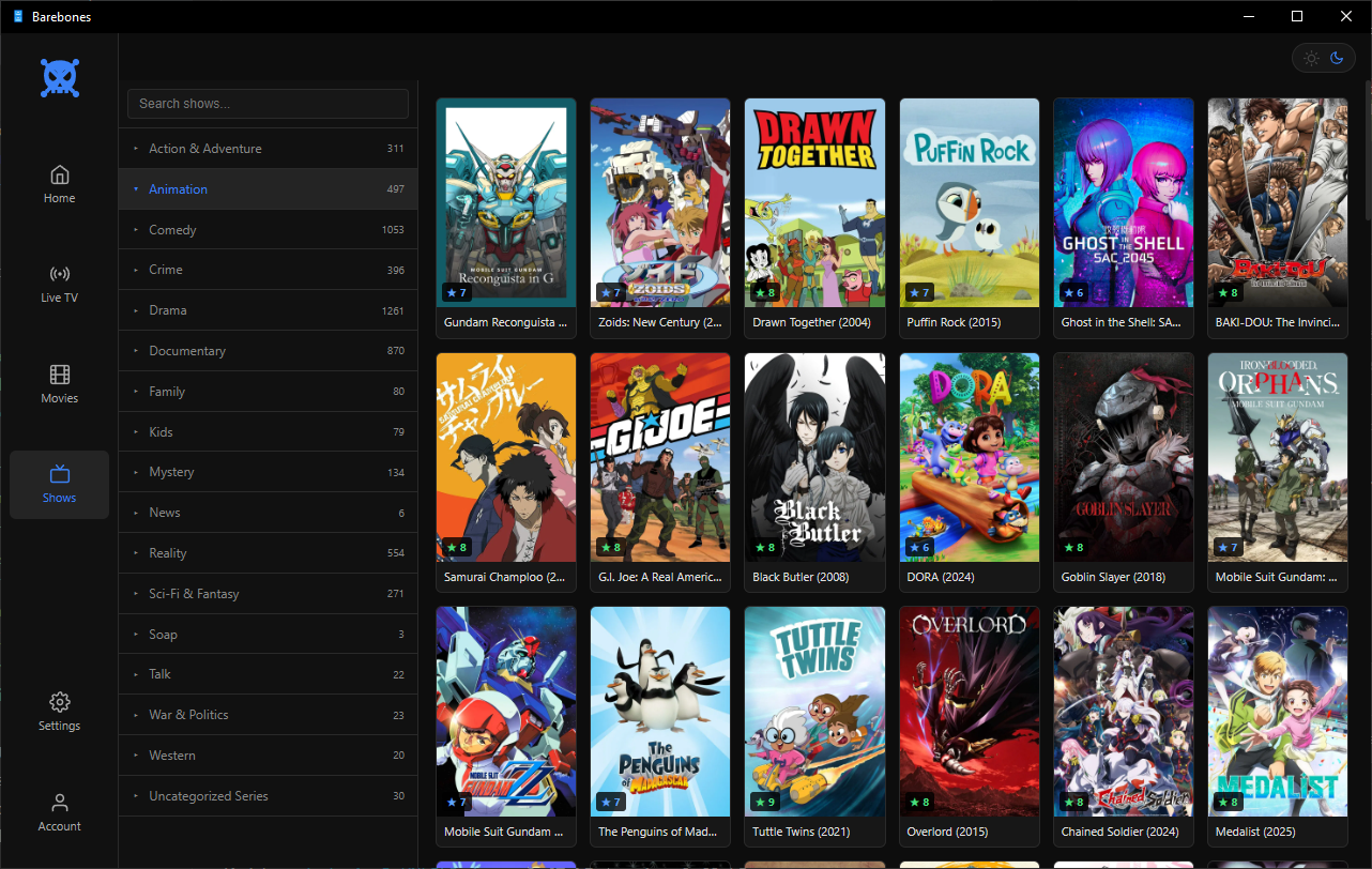 Tellyfish app showing the Shows library with categories and poster grid